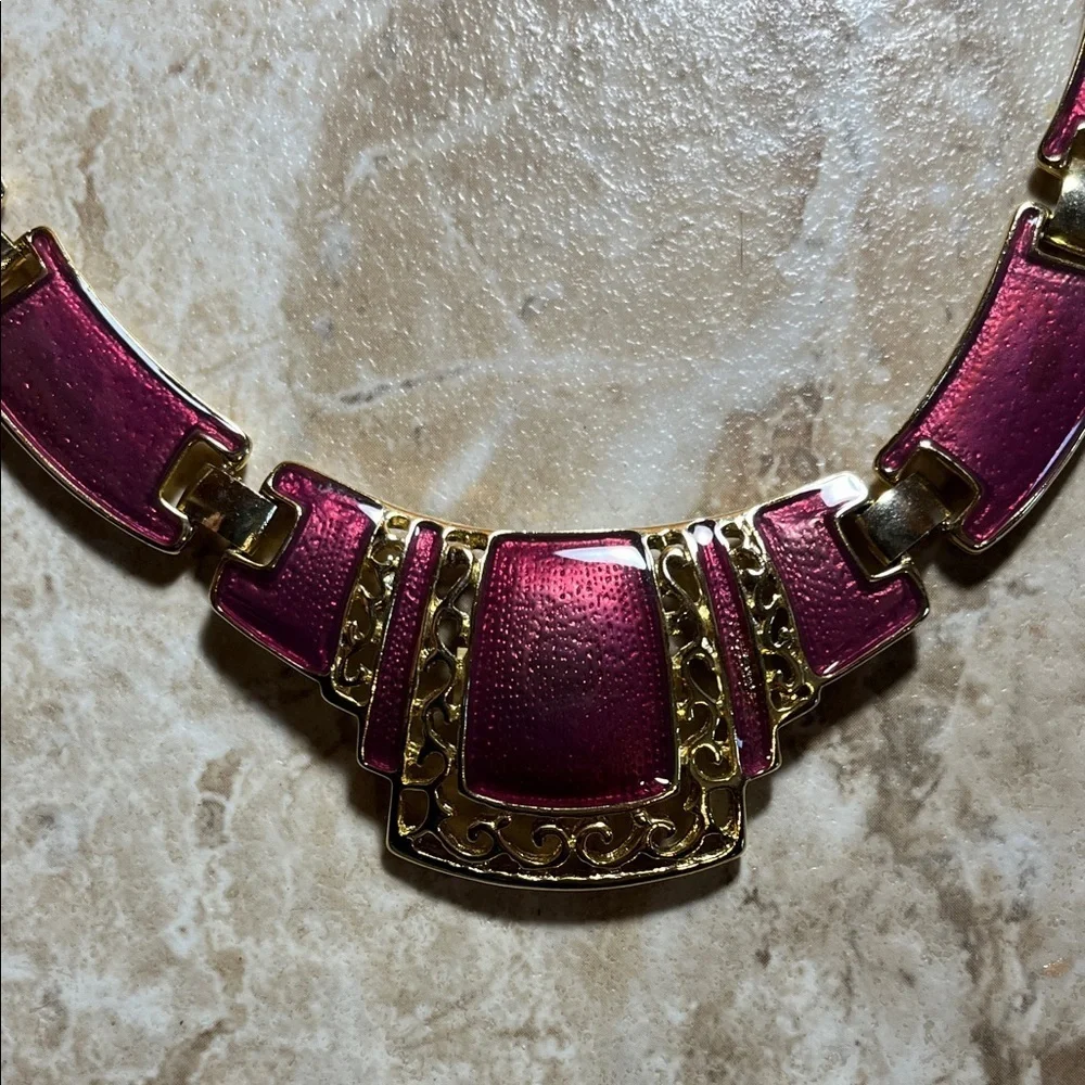 Vintage Art Deco Pink Enamel and Gold Colored Linked Necklace